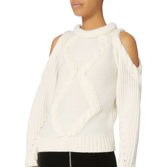 INTERMIX Elora Cold Shoulder Ivory Chunky Cable Knit Cutout Cocktail Sweater M - Picture 1 of 15
